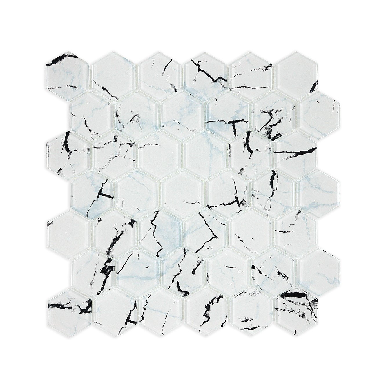 White Hexagon Marble-Look Glass Tile – Sleek, Modern Elegance with a Luxurious Touch