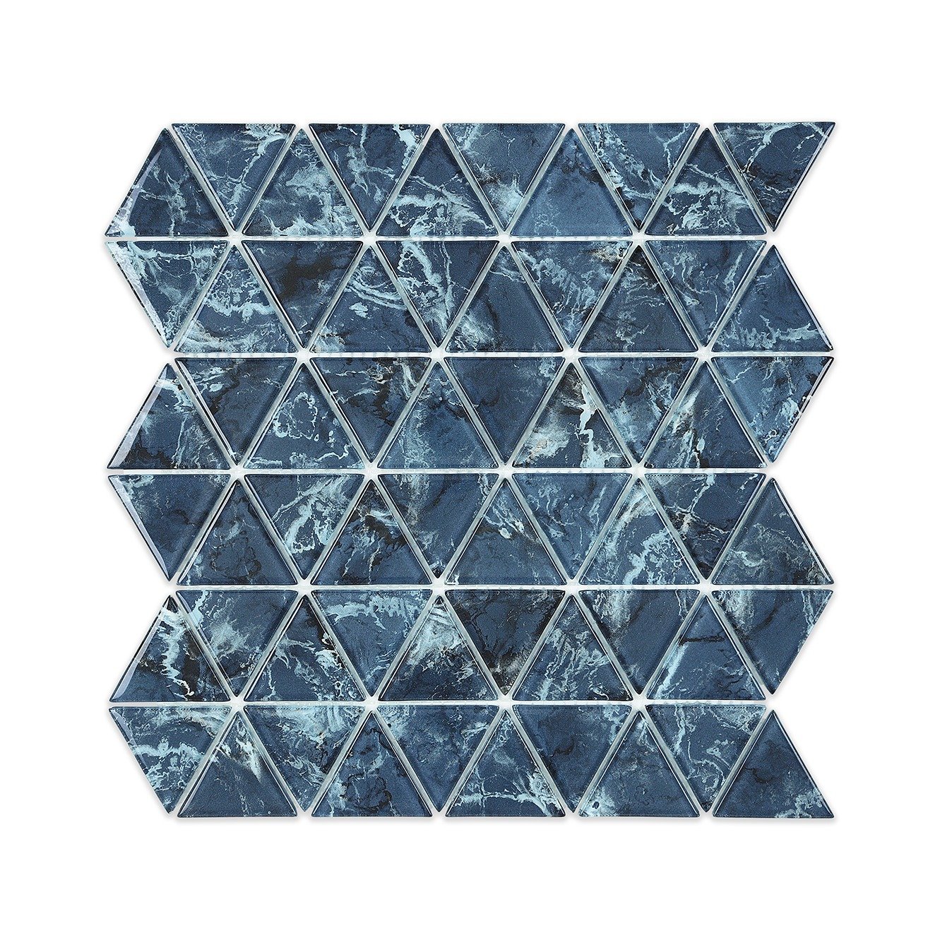 Deep Blue Geometry: Marble Look Glass Triangle Mosaic Tile - HXT9835